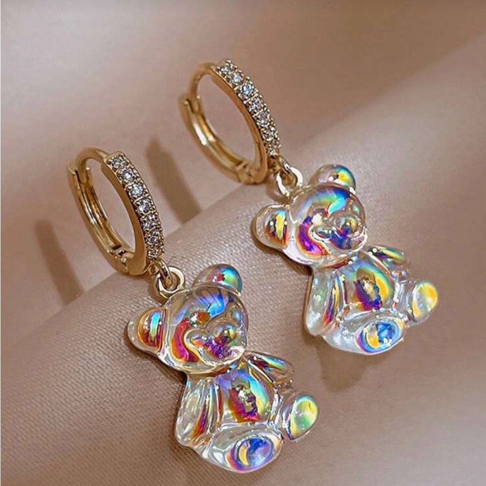 Gold and Iridescent Bear Earrings